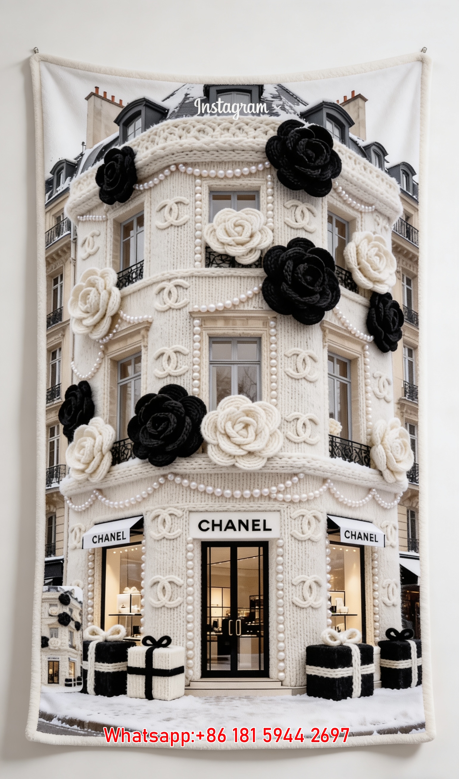 Luxury Chanel Knitted Store Flannel Throw Blanket  Paris Camellia Pearl Gift Box Print IMG_7198